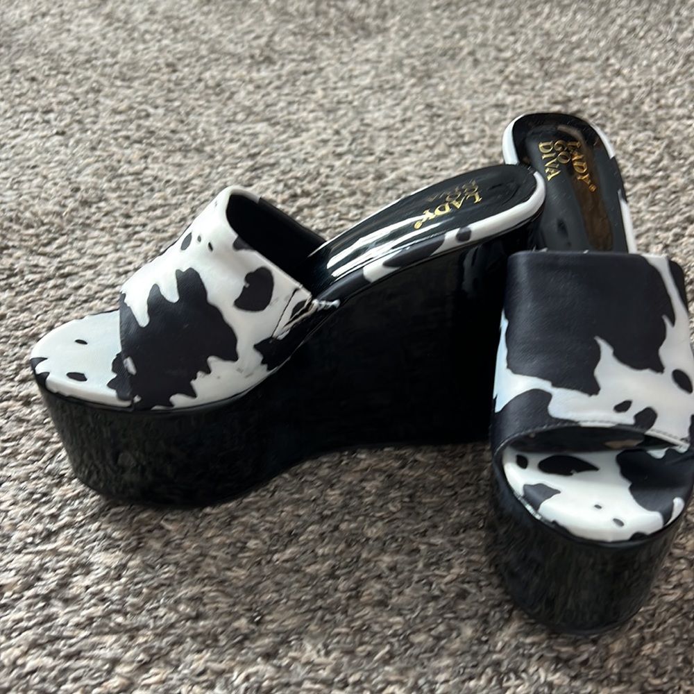 Cow print platform slide sandal
